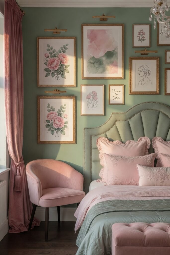 8. Pink Furniture with Sage Green Walls