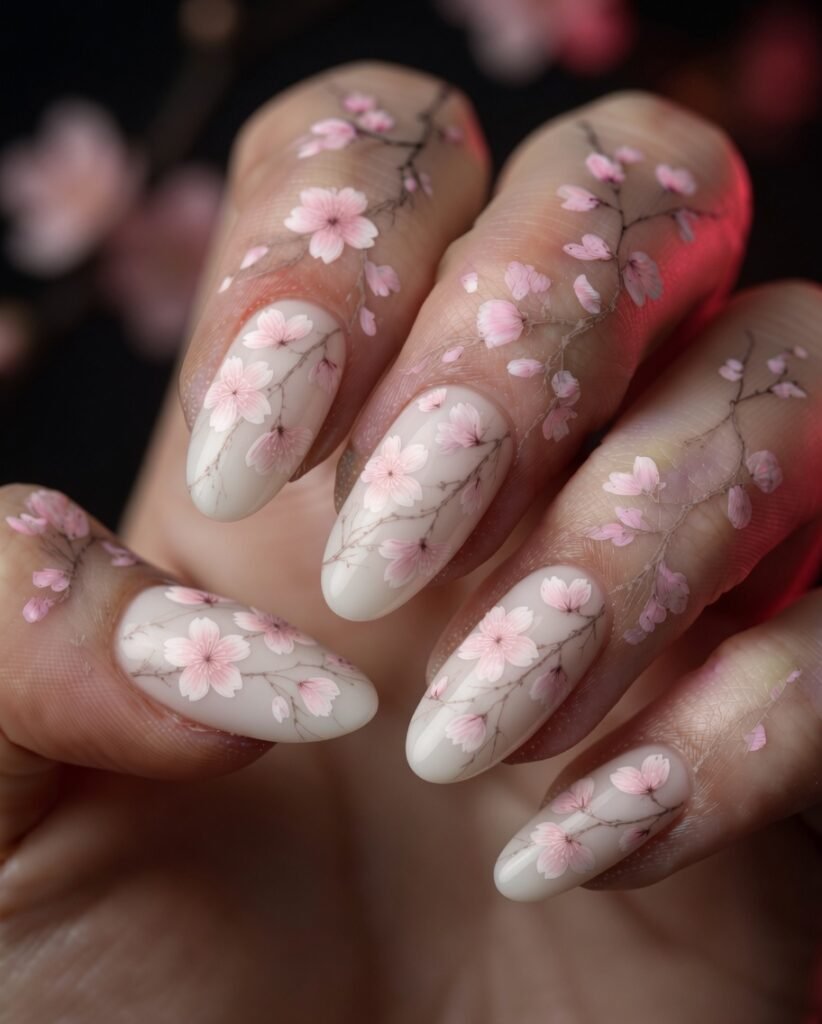 14. Milky White Sakura Nails