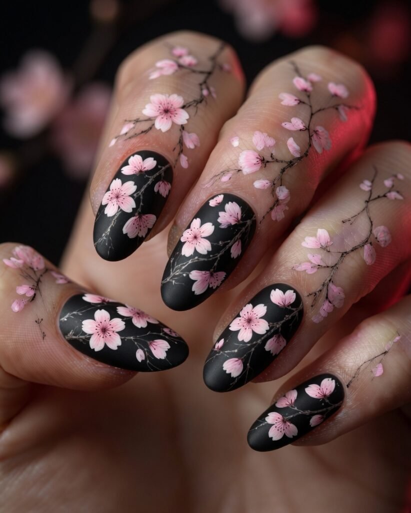 13. Black Base Sakura Nails