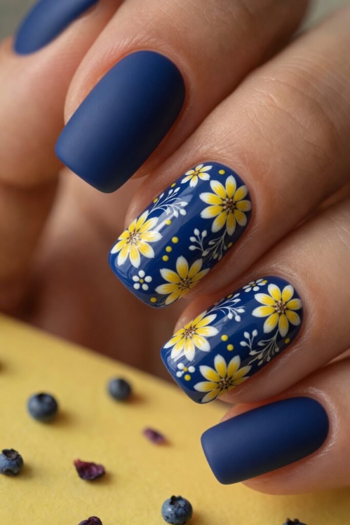 5. Yellow Daisies on Blueberry Nails