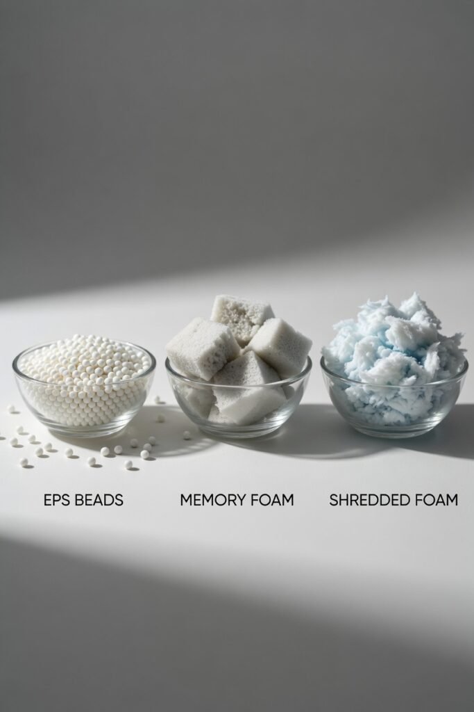 A dramatic close-up cross-section style shot of bean bag filling materials — EPS beads, memory foam, and shredded foam — displayed in small clear bowls on a clean white surface, filling comparison concept, macro product photography, crisp studio lighting, informative and clean composition.