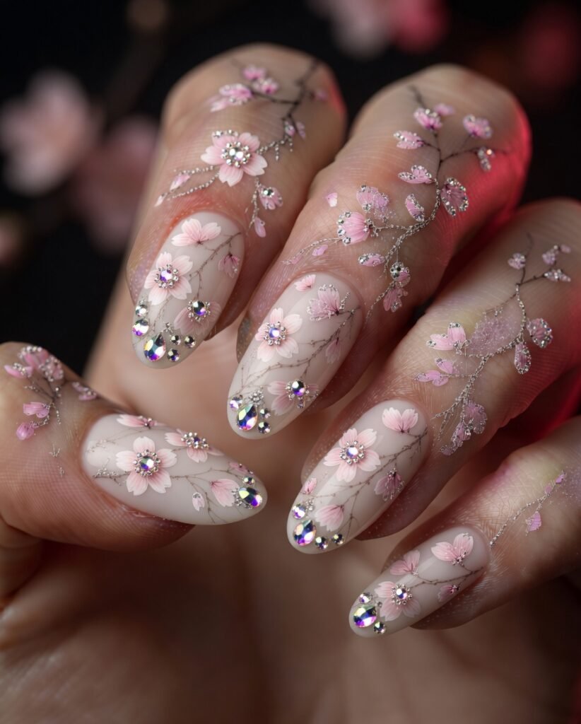 15. Crystal and Rhinestone Sakura Nails