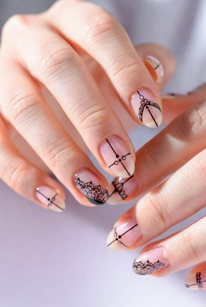 Black Lace Minimalist Lines on Sheer Pink
