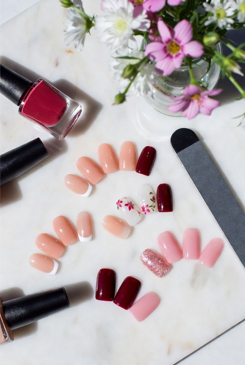 A perfect elegant nails inspiration spread featuring fifteen different manicure styles including French tips nude almond nails burgundy oval nails soft pink square nails chrome nails and delicate floral nail art on a white marble surface with nail polish bottles and fresh flowers in bright natural light.