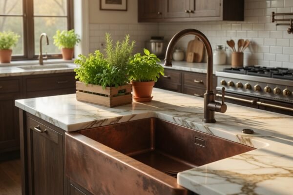 A beautifully designed kitchen featuring a stunning farmhouse apron front sink with elegant faucet, marble countertop, and warm golden natural light, showcasing 27 brilliant Kitchen Sinks Ideas to transform your cooking space and your life.
