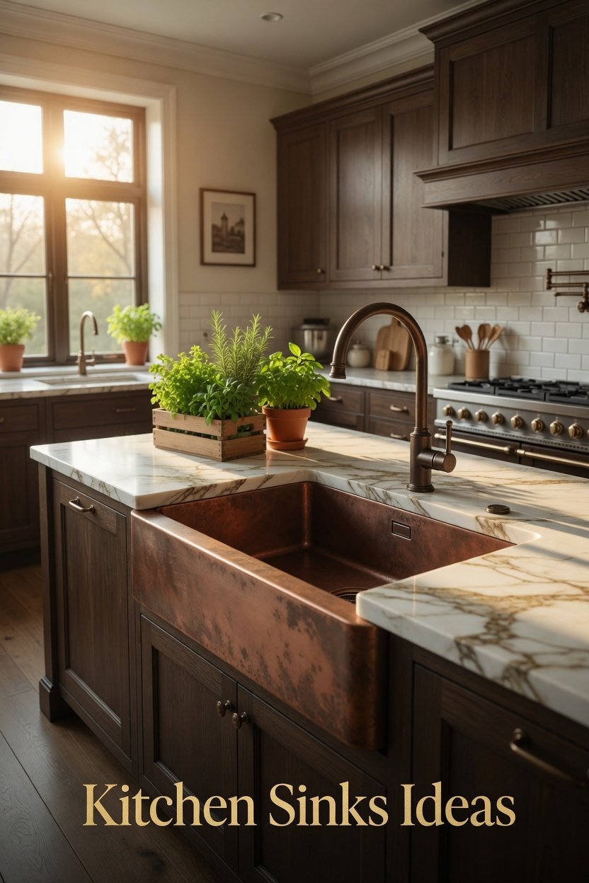 A beautifully designed kitchen featuring a stunning farmhouse apron front sink with elegant faucet, marble countertop, and warm golden natural light, showcasing 27 brilliant Kitchen Sinks Ideas to transform your cooking space and your life.