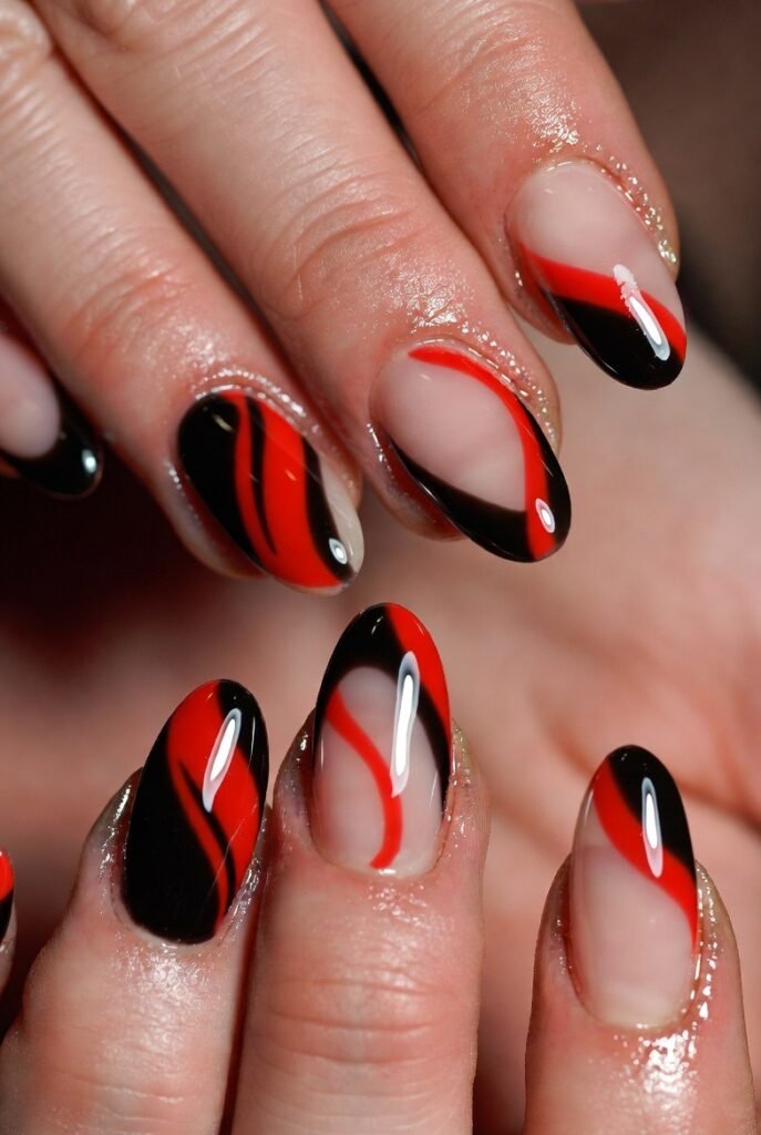 Black Tips with Hand-Drawn Spiderwebs on Two Accent Nails