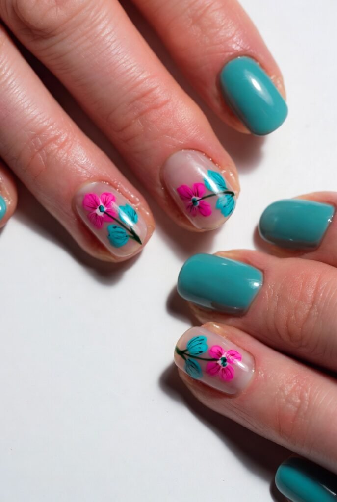 6. Floral Accent Nails in Pink and Teal