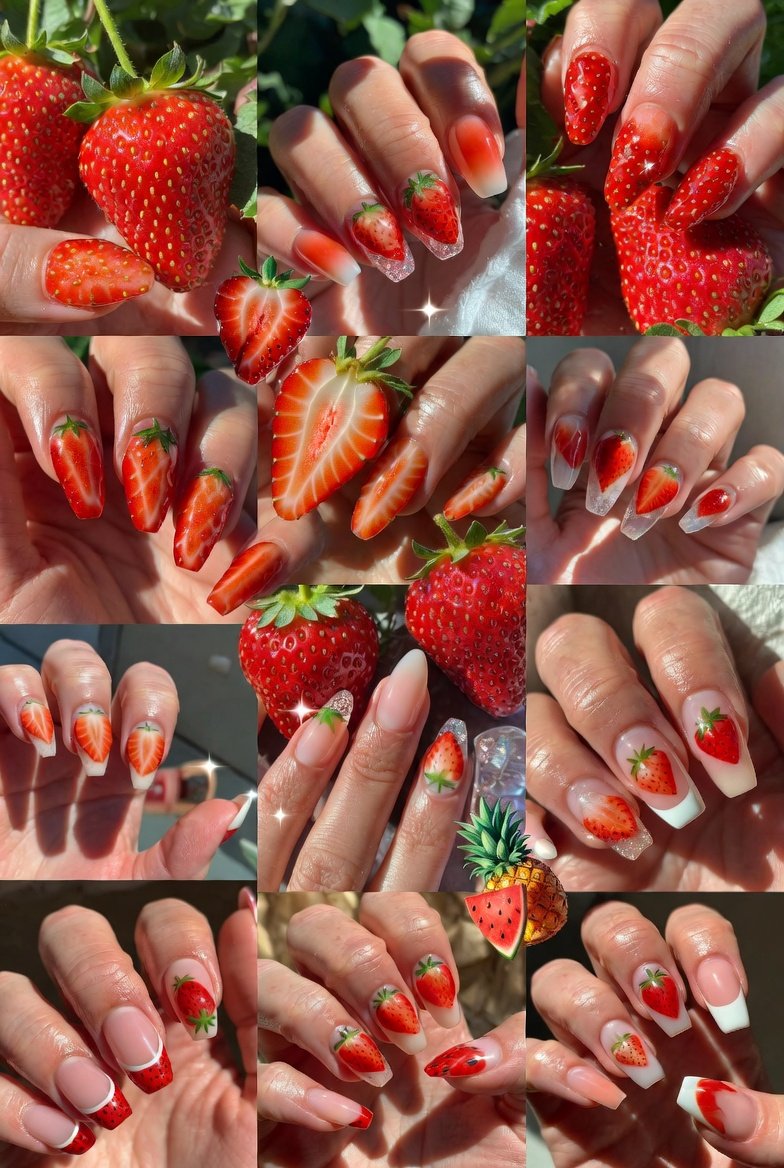 Close-up of adorable strawberry nail designs showcasing a stunning variety of sweet and vibrant manicure styles including bright red strawberry bases, delicate seed detailing, fresh green leaf accents, playful fruit-inspired nail art, and glossy summer-ready finishes, perfect inspiration for bringing cheerful and juicy strawberry nail ideas to your fingertips
