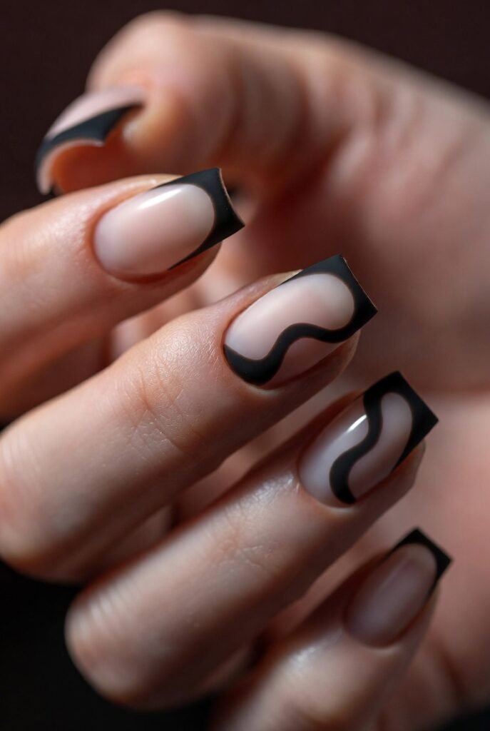 Matte Black French Tips with a Wavy Negative Space Line