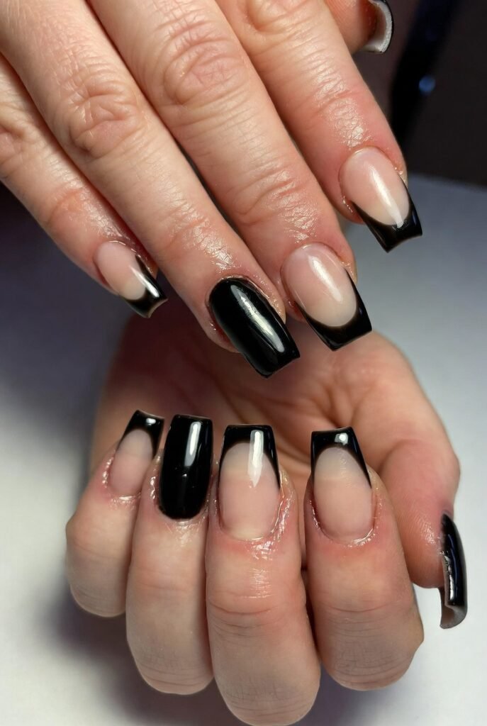 Reverse Black French Tips with the Black at the Cuticle