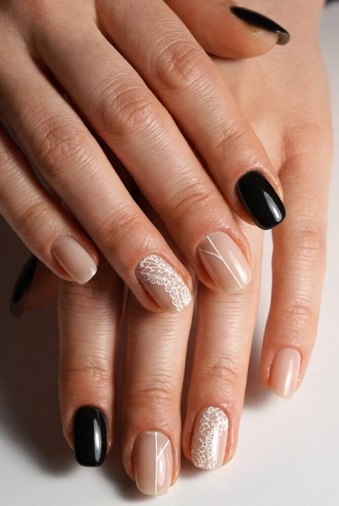 Black Lace Tips on Clear Acrylic Extensions