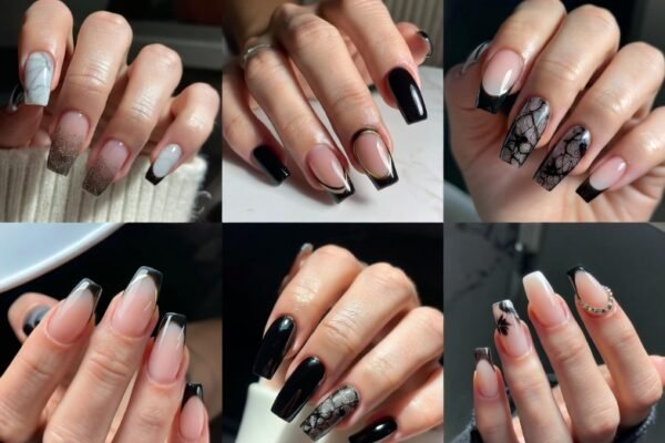 Close-up of stunning black French tip nails with designs showcasing a beautiful variety of bold and elegant manicure styles including classic black tips, geometric accents, floral overlays, glitter details, and intricate nail art patterns, perfect inspiration for confident and sophisticated black French tip nail looks for every occasion