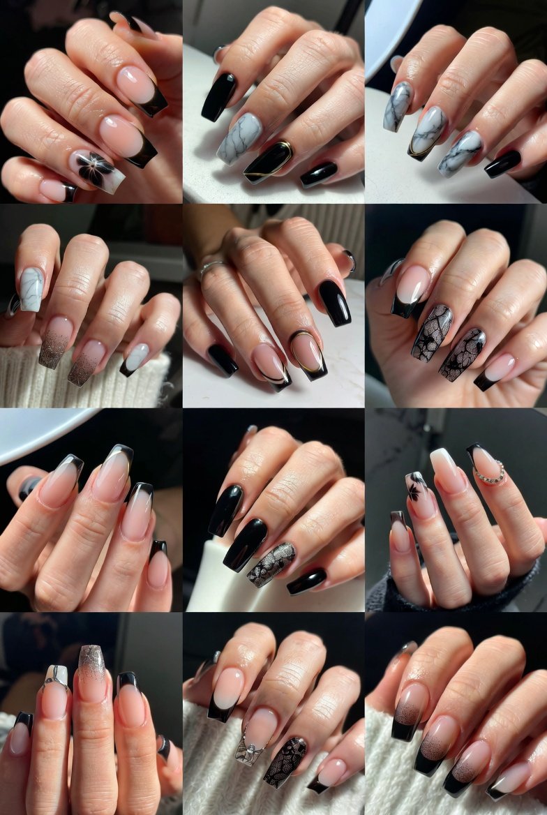 Close-up of stunning black French tip nails with designs showcasing a beautiful variety of bold and elegant manicure styles including classic black tips, geometric accents, floral overlays, glitter details, and intricate nail art patterns, perfect inspiration for confident and sophisticated black French tip nail looks for every occasion