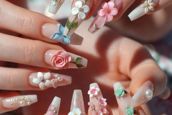 Close-up of breathtaking 3D flower nail art designs showcasing a stunning variety of dimensional floral manicures including sculpted roses, delicate cherry blossoms, raised daisy accents, and intricate petal arrangements in vibrant and pastel tones, perfect inspiration for creative and eye-catching long-lasting floral nail masterpieces