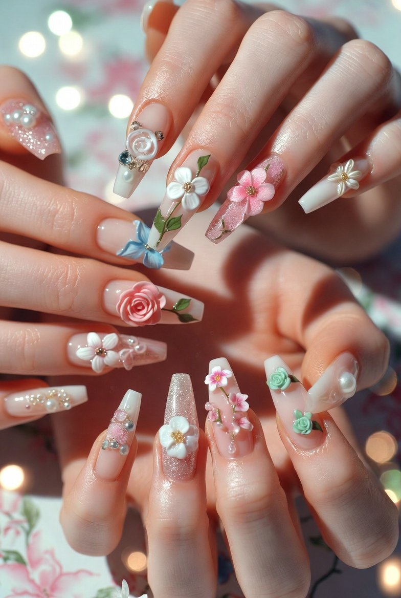 Close-up of breathtaking 3D flower nail art designs showcasing a stunning variety of dimensional floral manicures including sculpted roses, delicate cherry blossoms, raised daisy accents, and intricate petal arrangements in vibrant and pastel tones, perfect inspiration for creative and eye-catching long-lasting floral nail masterpieces