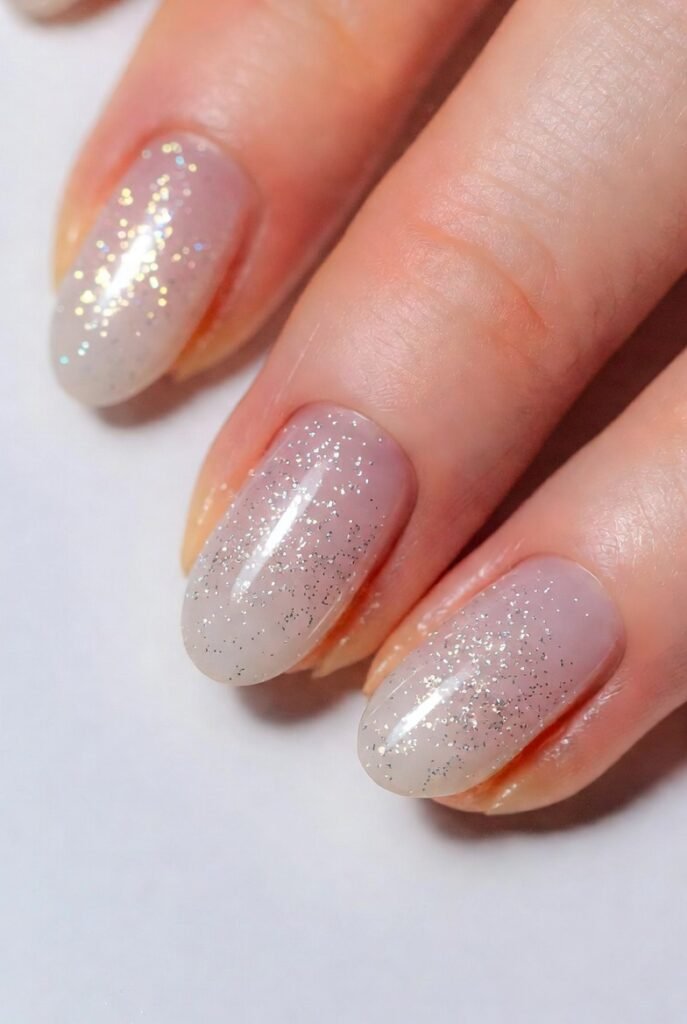 3. Subtle Glitter Fades on Milky White Nails: Sparkle Without the Scream