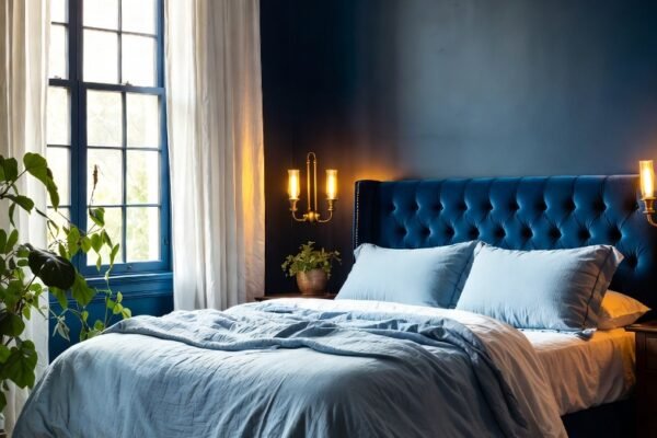 A beautifully designed blue bedroom featuring a deep navy blue accent wall soft powder blue bedding a tufted blue velvet headboard white linen curtains warm brass bedside lamps a plush cream area rug and botanical accents creating a serene sleep sanctuary in warm soft natural light.