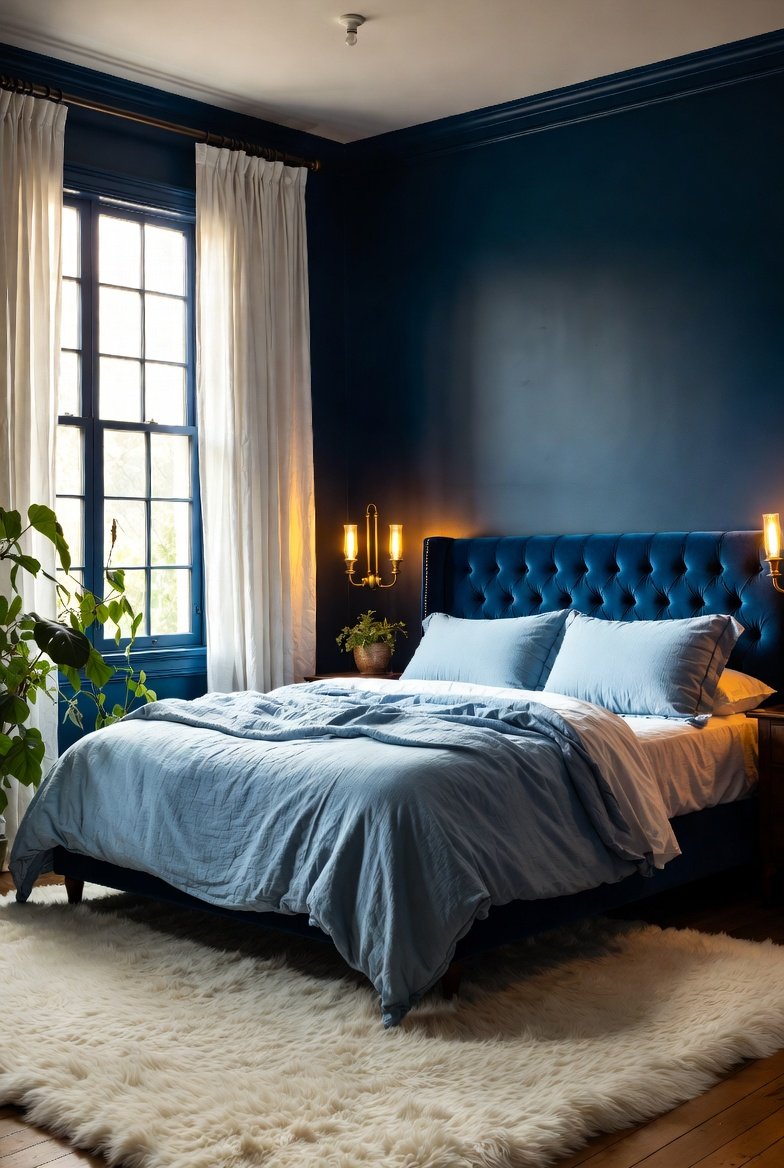 A beautifully designed blue bedroom featuring a deep navy blue accent wall soft powder blue bedding a tufted blue velvet headboard white linen curtains warm brass bedside lamps a plush cream area rug and botanical accents creating a serene sleep sanctuary in warm soft natural light.