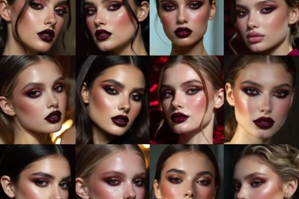 Close-up beauty shot of a model showcasing stunning burgundy makeup looks featuring rich and romantic shades including deep burgundy smoky eyes, wine-toned lips, berry blush, and coordinated burgundy eyeshadow and lip combinations, perfect inspiration for bold and elegant burgundy makeup ideas for every occasion