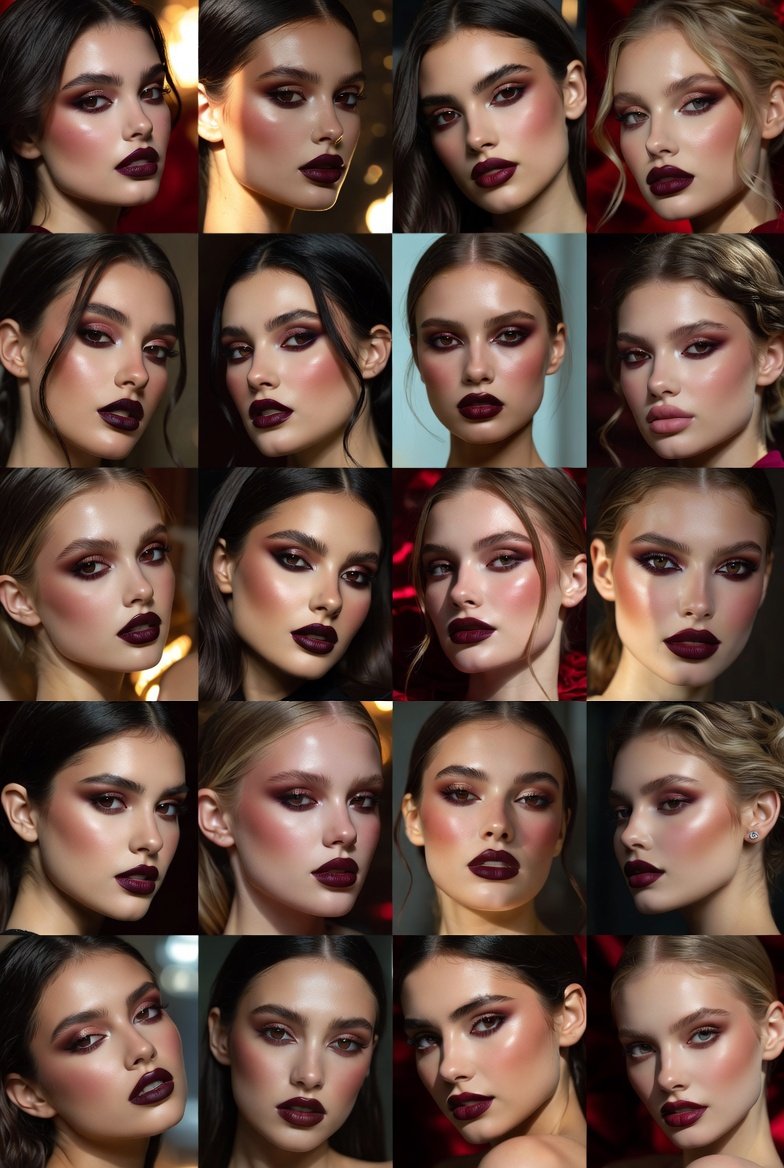 Close-up beauty shot of a model showcasing stunning burgundy makeup looks featuring rich and romantic shades including deep burgundy smoky eyes, wine-toned lips, berry blush, and coordinated burgundy eyeshadow and lip combinations, perfect inspiration for bold and elegant burgundy makeup ideas for every occasion