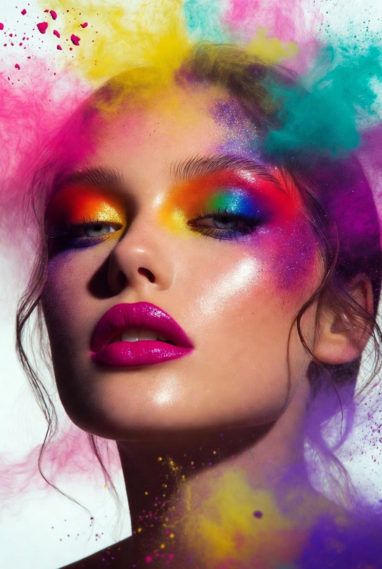 A stunning beauty editorial collage showcasing 20 colorful makeup looks ideas including rainbow eyeshadow, bold neon liners, vibrant monochromatic styles, and joyful multi-color designs to inspire creative and expressive everyday beauty.