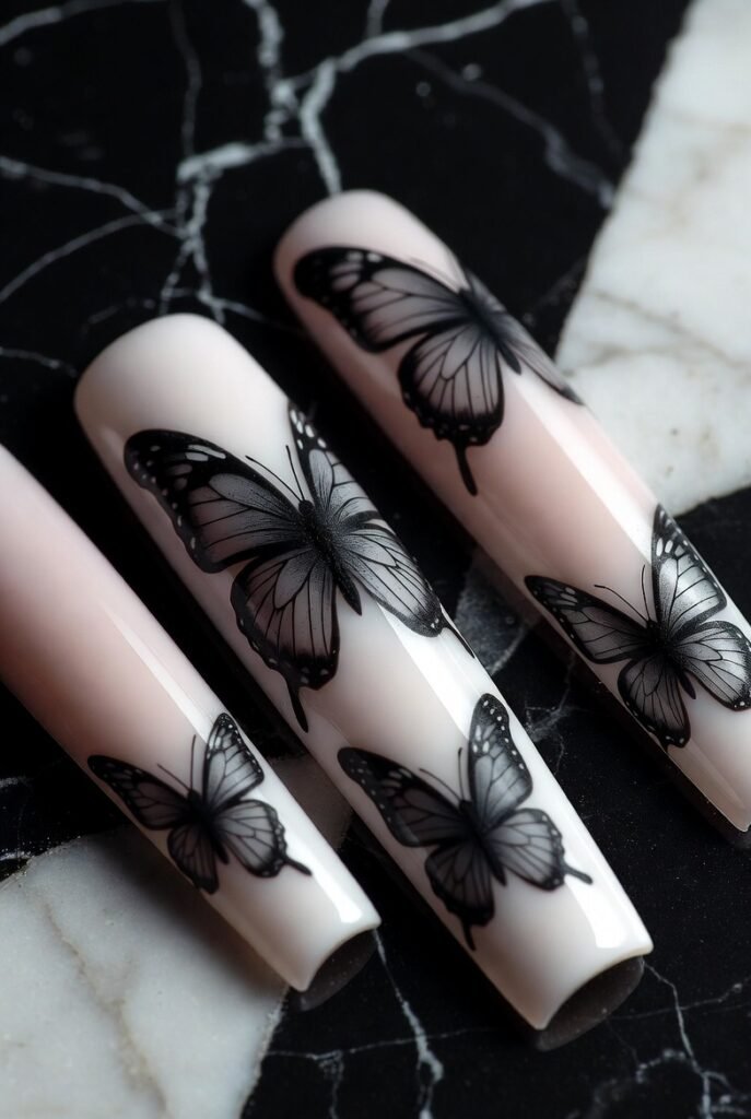 Matte Black Butterflies on Glossy Nails