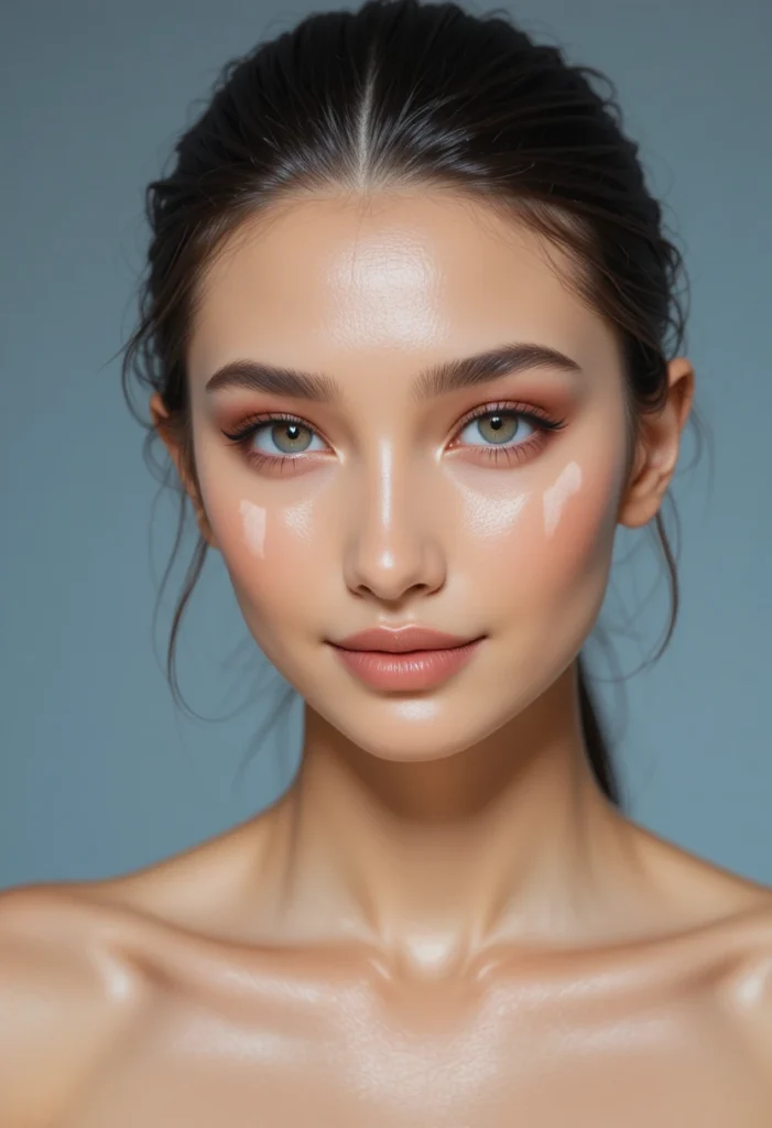 A bright, luminous beauty editorial close-up of a model with warm skin and a round face shape featuring an expertly applied under-eye brightener in a precise inverted triangle shape, with a high-coverage warm-toned concealer applied in a sharp downward-pointing triangle beneath each eye with the wide base sitting just below the lower lash line and the point extending down toward the cheekbone, the triangle brightening and visually lifting the midface, perfectly blended edges, photographed under bright even studio lighting that emphasizes the brightening effect, editorial sculpting beauty photography, hyper-realistic, ultra-sharp, 8K resolution.