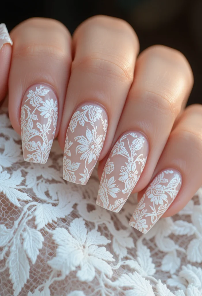 White Lace Pattern Nails