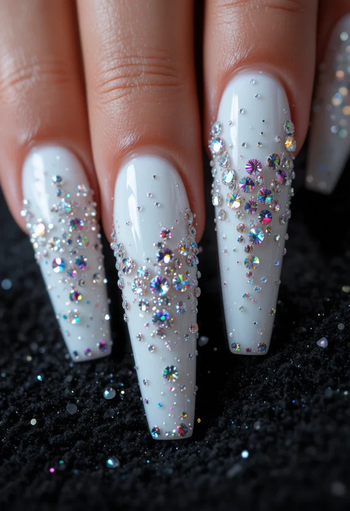 White Stiletto Nails with Rhinestone Base