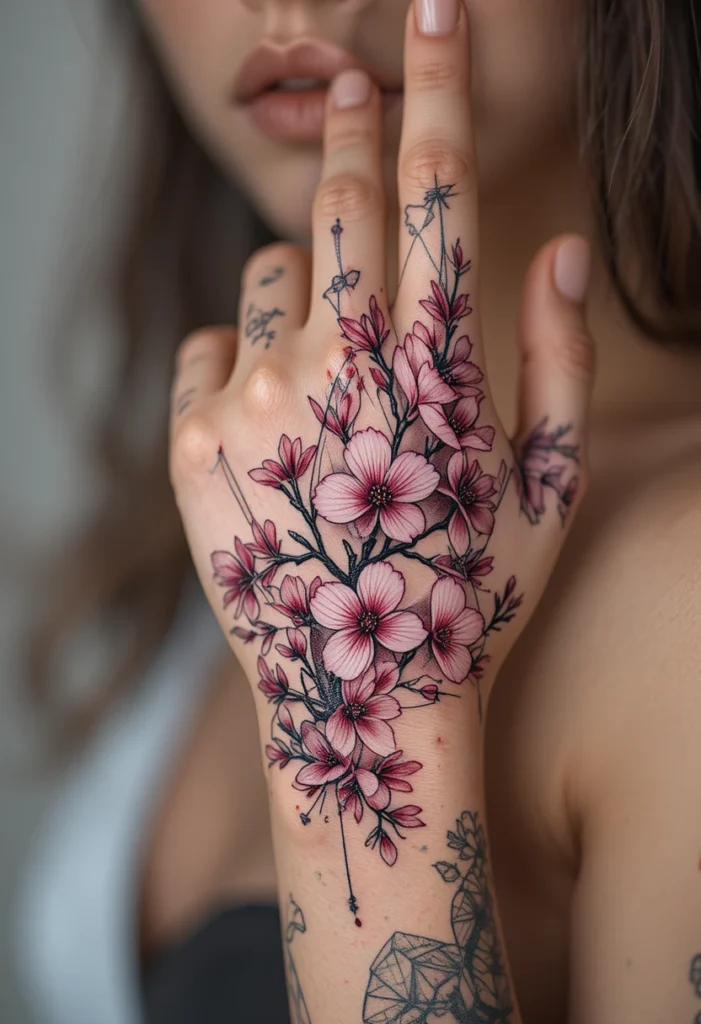 Cherry Blossoms Interwoven With Geometric Lines