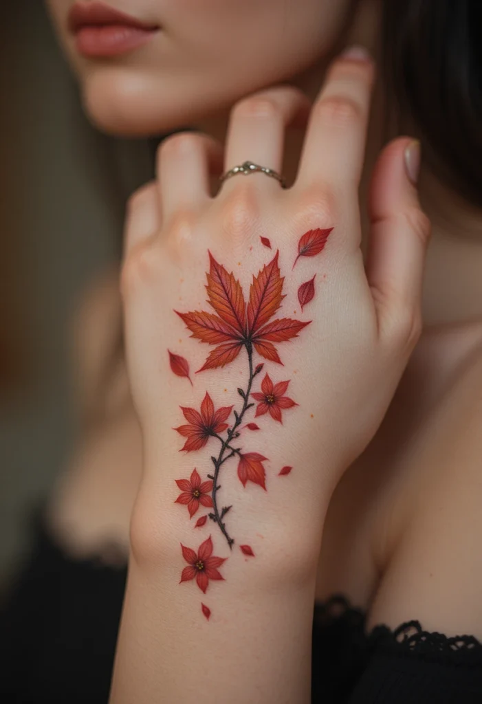 Falling Blossoms and a Single Floating Leaf