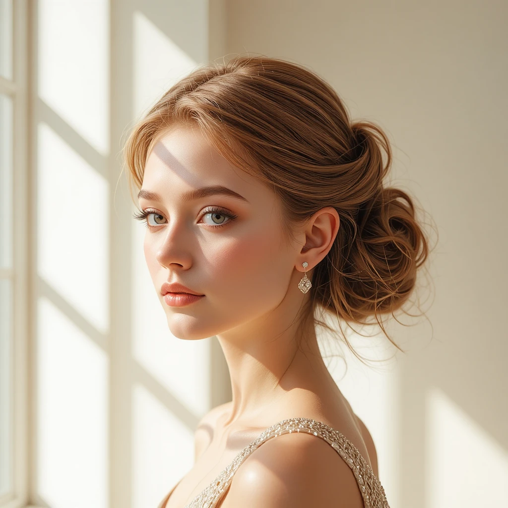 Woman with thinner hair styled in an easy, voluminous updo showcasing effortless fullness and everyday elegance.