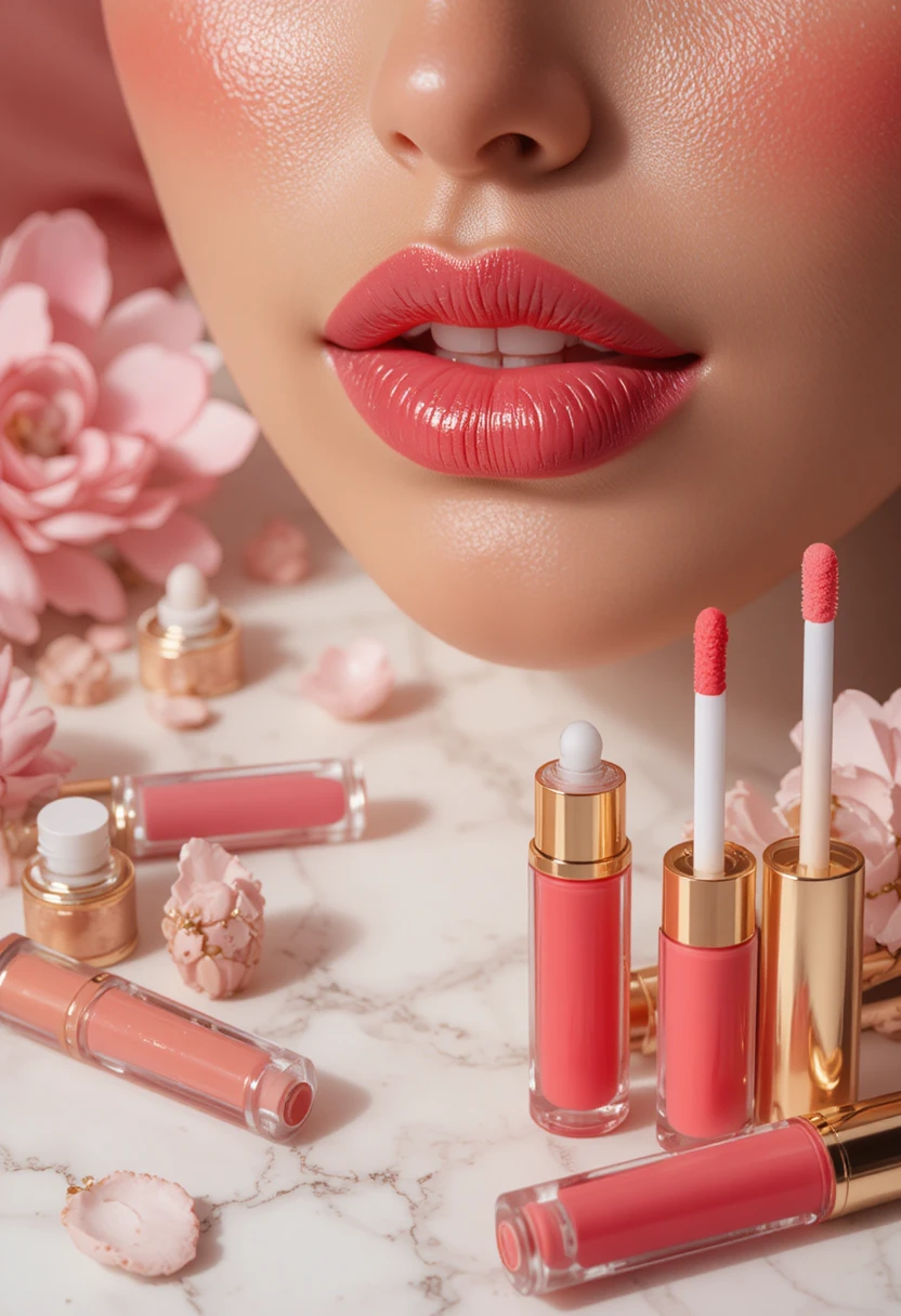 20 Lip Gloss Ideas showcasing plumper, juicier lip shades and finishes including sheer tints, metallic foil, glitter, and shimmer gloss looks