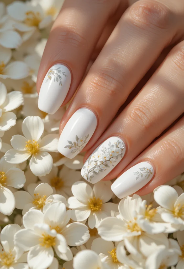 White Floral Accent Nails