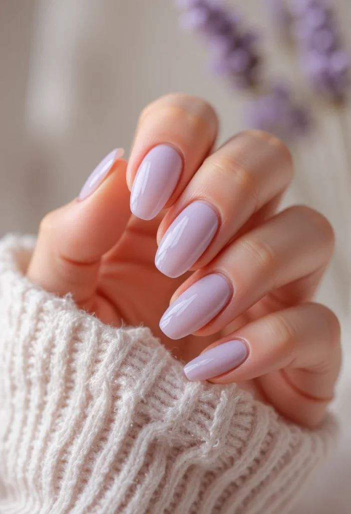 Soft Lavender Core on Nude Almond Nails