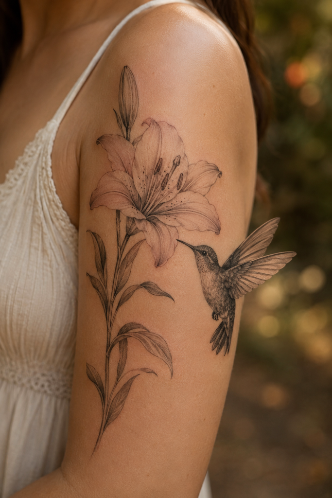 Lily Flower Tattoo with a Hummingbird