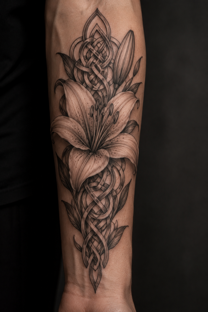 Lily Flower Tattoo with a Celtic Knot