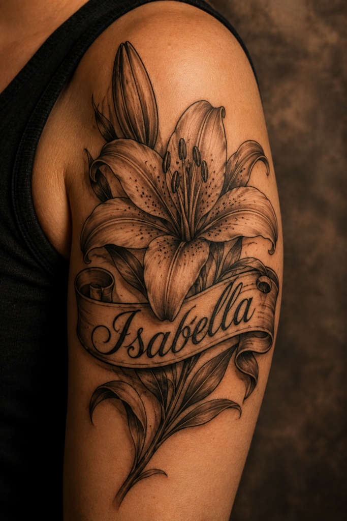 Lily Flower Tattoo with a Banner and Name