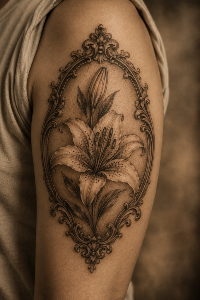 Lily Flower Tattoo in a Vintage Frame