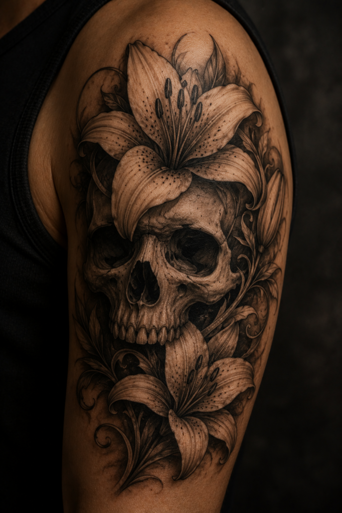 Lily Flower Tattoo with a Skull