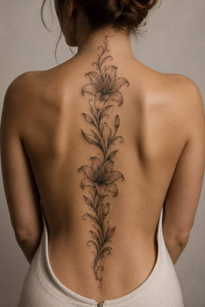 Lily Flower Tattoo on the Spine