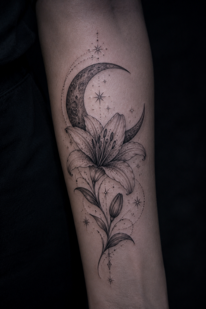 Lily Flower Tattoo with a Crescent Moon