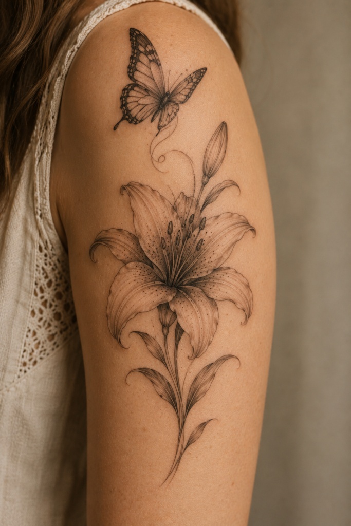 Lily Flower Tattoo with a Butterfly