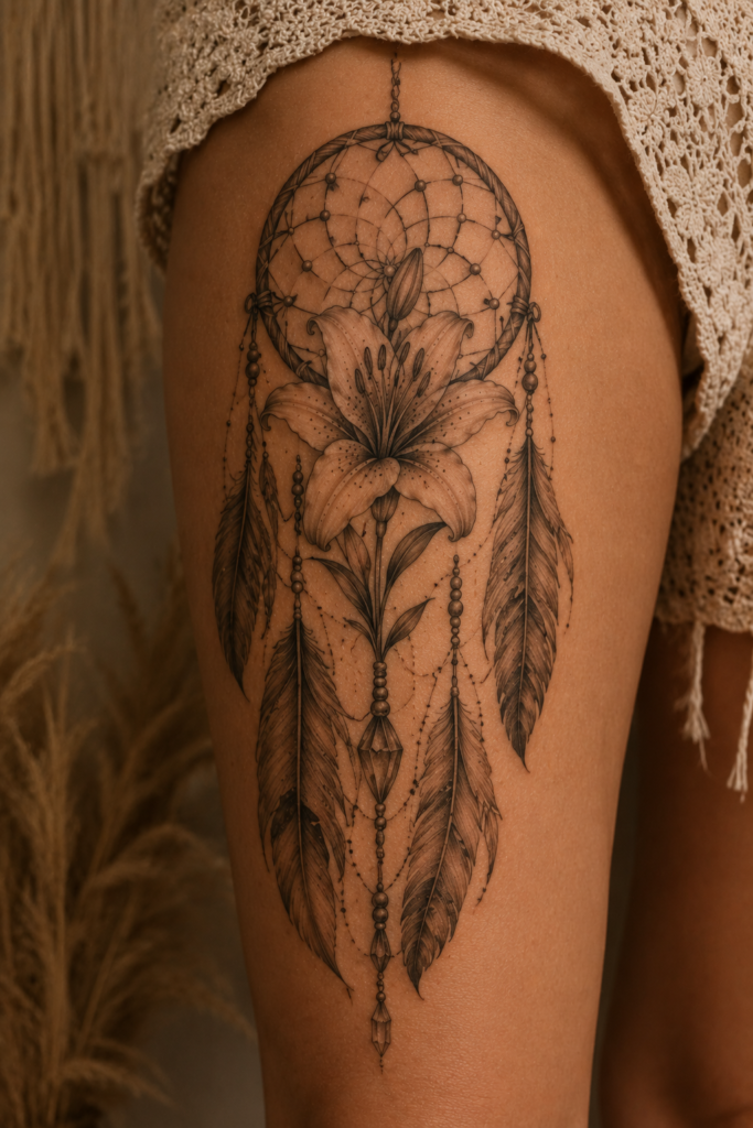 Lily Flower Tattoo in a Dreamcatcher