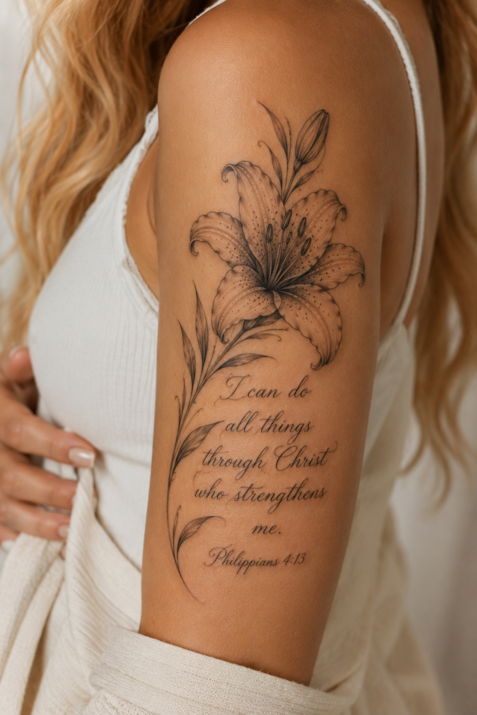 Lily Flower Tattoo with a Bible Verse