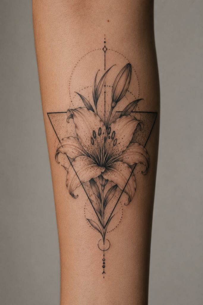 Lily Flower Tattoo in a Triangle Geometric Frame