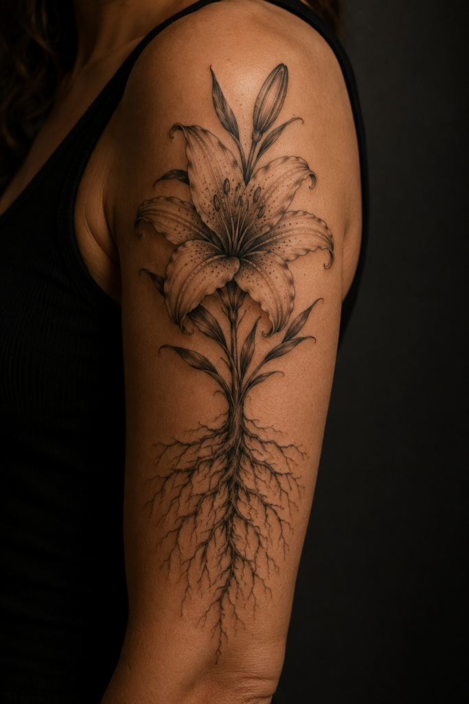 Lily Flower Tattoo with Roots Exposed