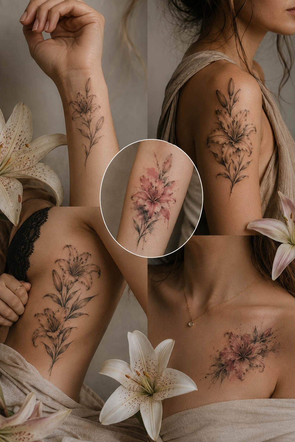 Collection of elegant lily flower tattoo designs symbolizing beauty and personal growth through timeless floral body art