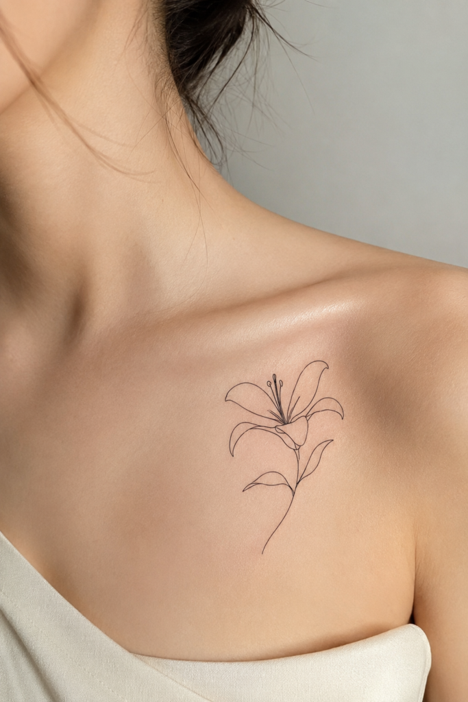 Minimalist Line Art Lily Tattoo on the Collarbone